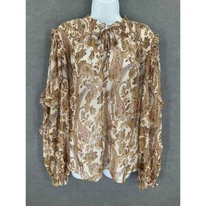 INC International Concepts Top XL Paisley Ruffle Trim Gold Thread Smocked Blouse